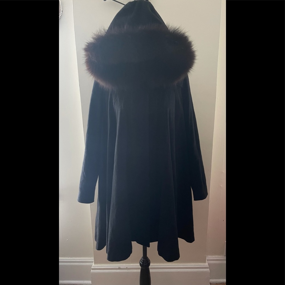 George Simonton Black Wool & Cashmere Fox Fur Swing Coat Size 4